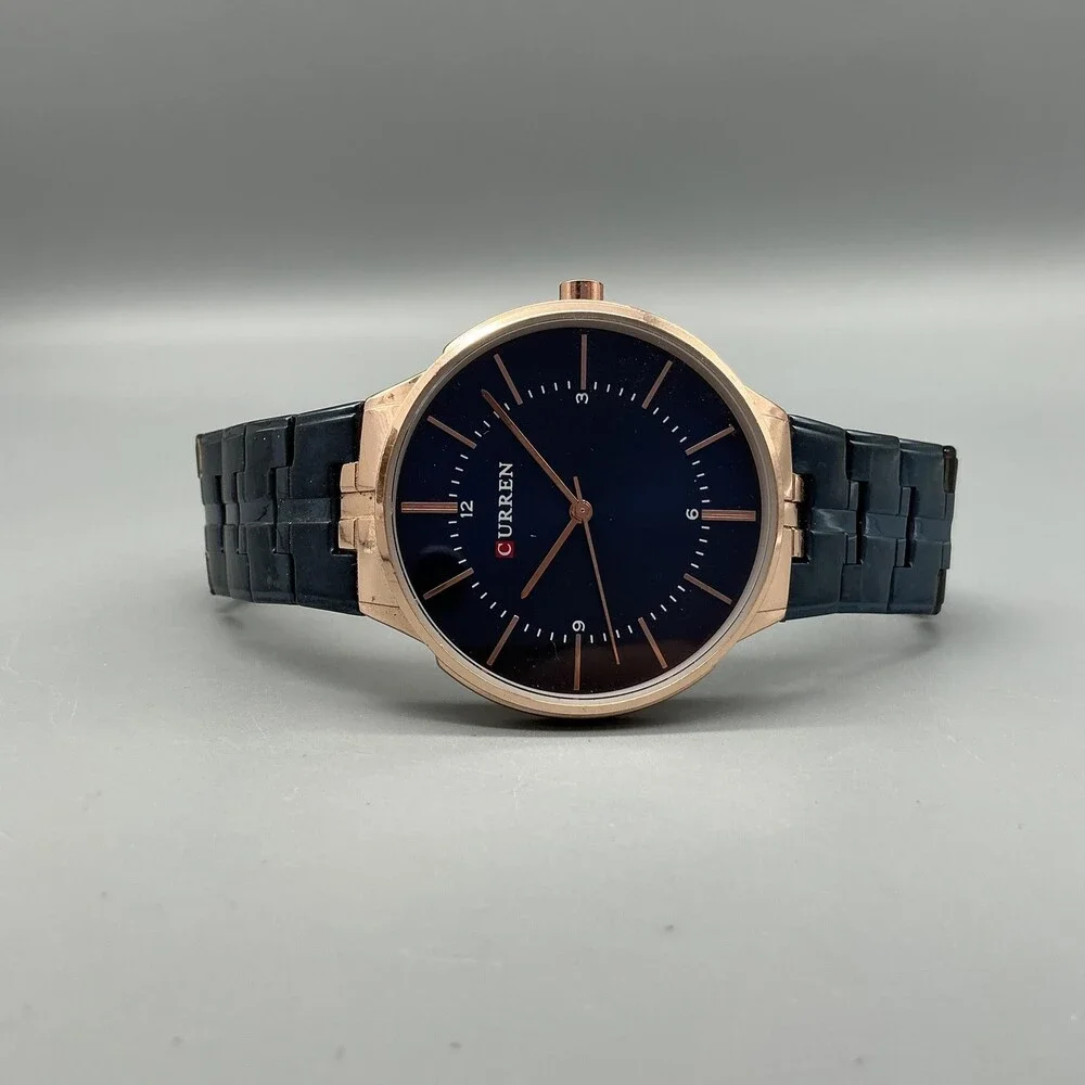 Curren M-8321 Mens Watch 42mm Blue Dial Bracelet Rose Gold Tone New Battery 8.5
